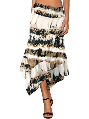 DJT Women's Tie Dye Khaki Flowy Handkerchief Hemline High Rise Midi Skirts
